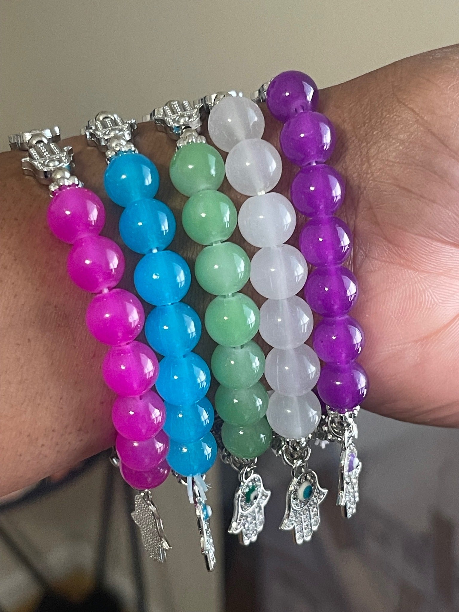 Hamsa Glass Beads Bracelet (Silver Plated)